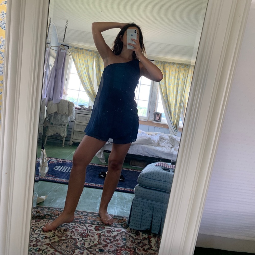 navy alice and olivia one shoulder dress